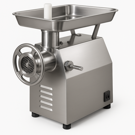 Picadora de carne MG-32-SS de acero inoxidable, diseño robusto y profesional, ideal para procesar grandes cantidades de carne en cocinas comerciales.