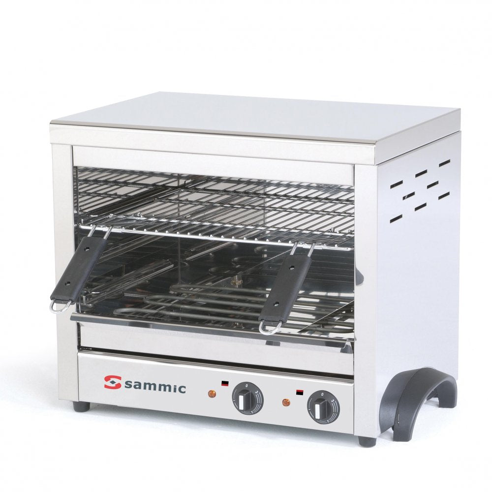 Salamandra gratinadora fija Sammic SGF-450 de acero inoxidable, ideal para gratinar y calentar platos rápidamente en cocinas profesionales con espacio limitado