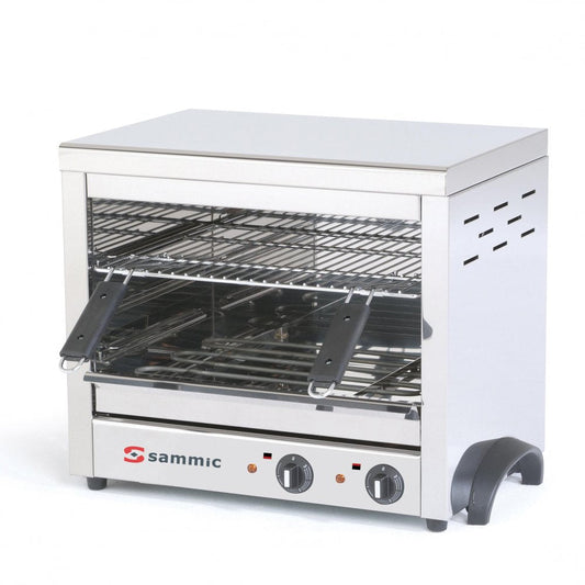 Salamandra gratinadora fija Sammic SGF-450 de acero inoxidable, ideal para gratinar y calentar platos rápidamente en cocinas profesionales con espacio limitado