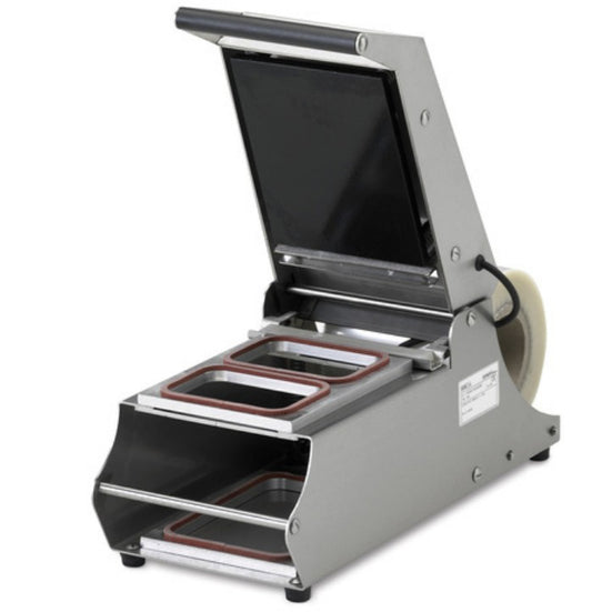 Termoselladora TS-150 SAMMIC de acero inoxidable, diseño compacto y profesional, ideal para sellar bandejas de alimentos de forma rápida y segura en cocinas comerciales.