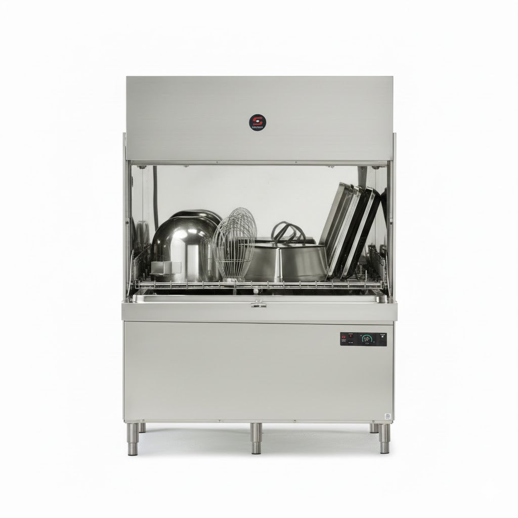 Lavautensilios industrial Sammic UX-1300 de gran capacidad, construido en acero inoxidable con doble pared, con una cesta de 1320x700 mm y panel de control digital avanzado.