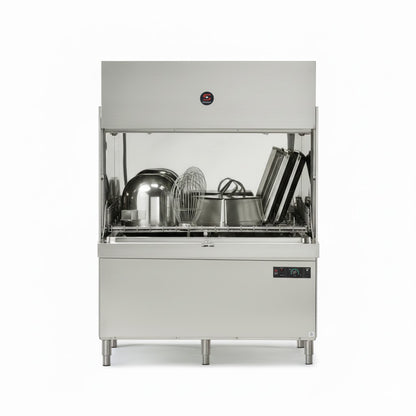 Lavautensilios industrial Sammic UX-1300 de gran capacidad, construido en acero inoxidable con doble pared, con una cesta de 1320x700 mm y panel de control digital avanzado.