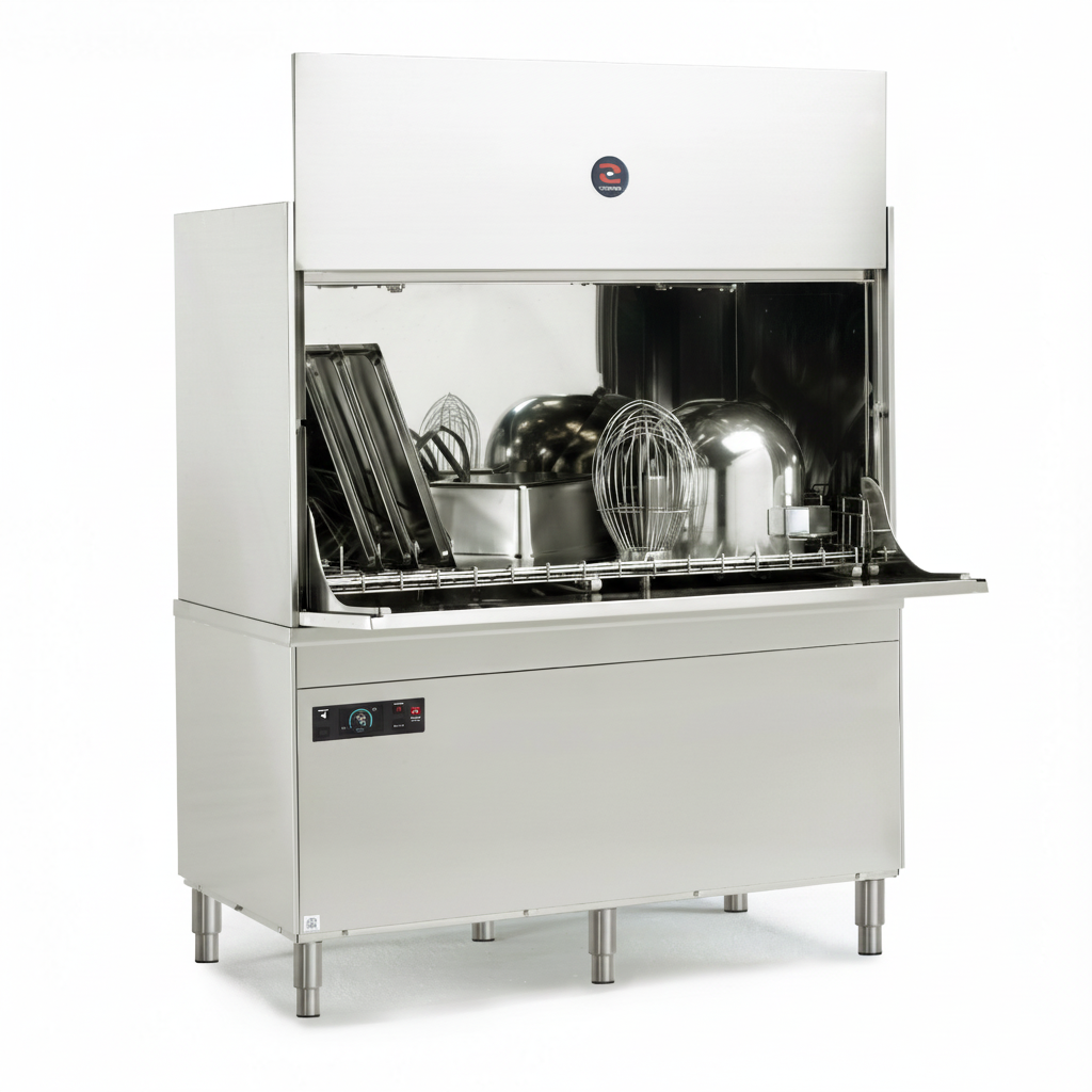 Lavautensilios industrial Sammic UX-1300 de gran capacidad, construido en acero inoxidable con doble pared, con una cesta de 1320x700 mm y panel de control digital avanzado.