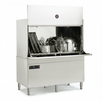 Lavautensilios industrial Sammic UX-1300 de gran capacidad, construido en acero inoxidable con doble pared, con una cesta de 1320x700 mm y panel de control digital avanzado.