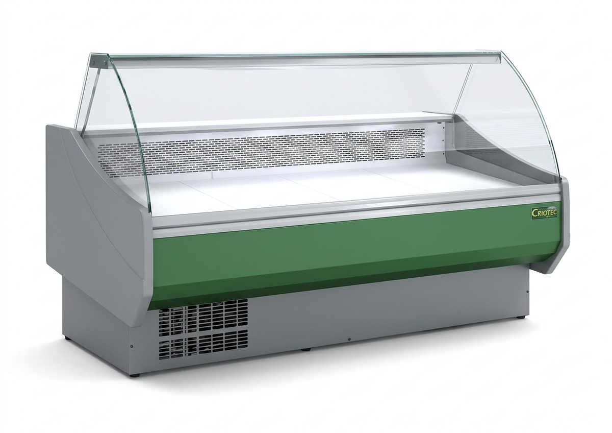 Vitrina expositora refrigerada Criotec con frontal curvo de cristal, franja frontal en color verde y base gris con rejilla de ventilación.