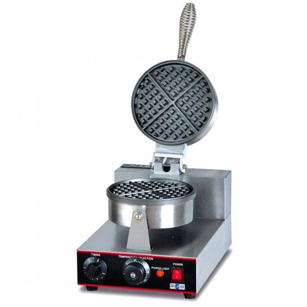Maquina de gofres simple Casfri modelo WF-10-R. construida en acero inoxidable, diametro 180mm Potencia 1200W. Ideal para locales de comida rapida y pequeños negocios.